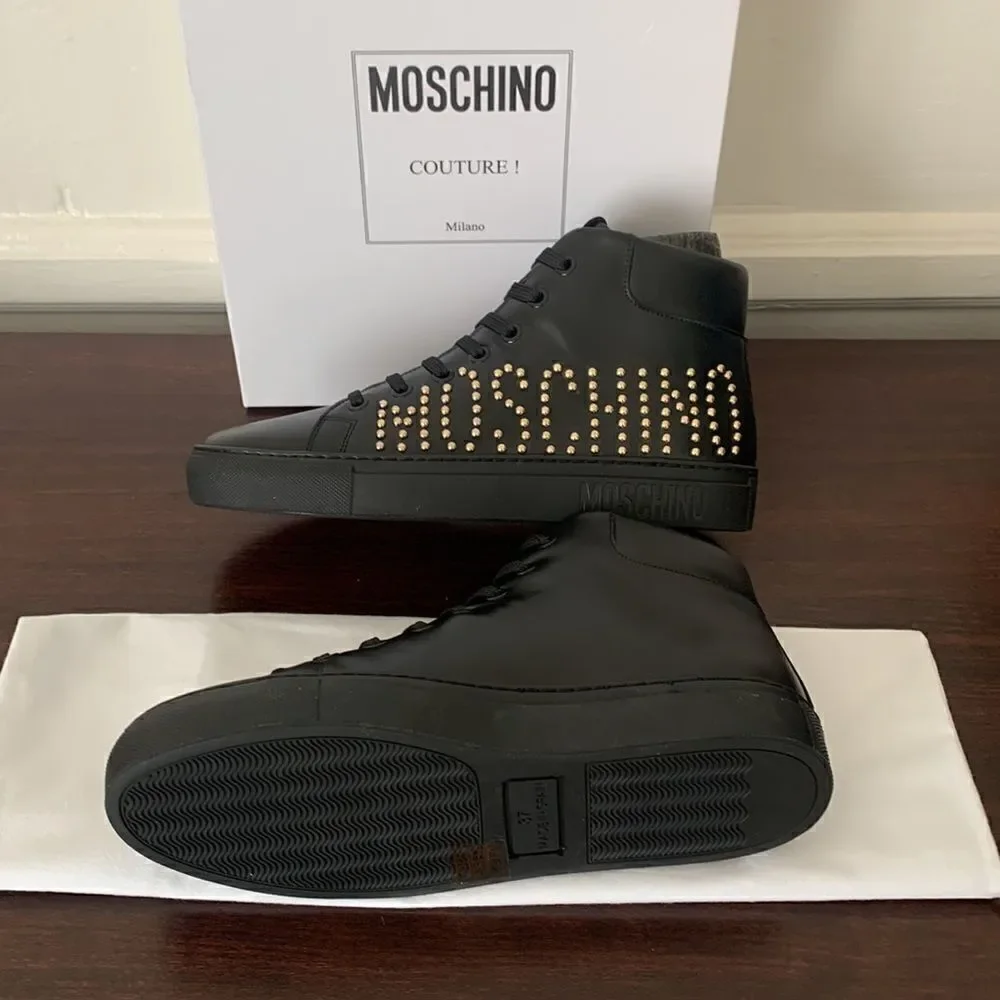 Moschino Women’s High Top logo studded leather black sneaker size 7, NIB - Picture 12 of 12